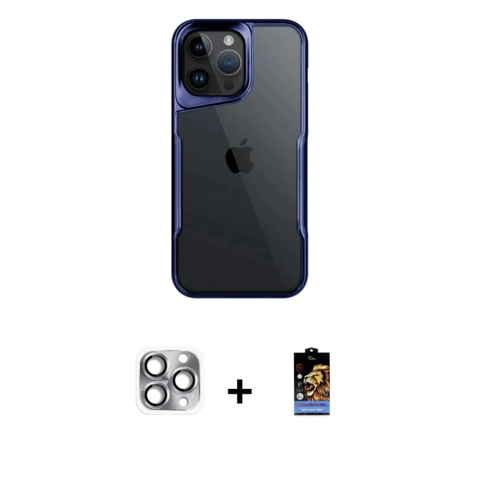 MARSİLYAN™- iPhone 16 Pro Max Kılıf Akış Çizgi Koleksiyonu - Siyah Buffer Hayalet Cam Ekran Koruyucu + Gri Pers Alüminyum Kamera Lens