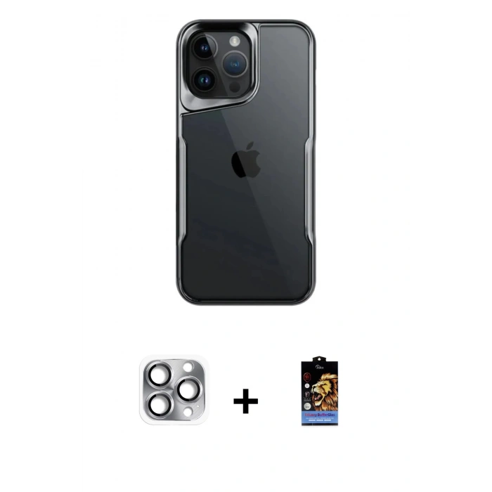 MARSİLYAN™- iPhone 16 Pro Max Kılıf Akış Çizgi Koleksiyonu - Siyah Buffer Hayalet Cam Ekran Koruyucu + Gri Pers Alüminyum Kamera Lens