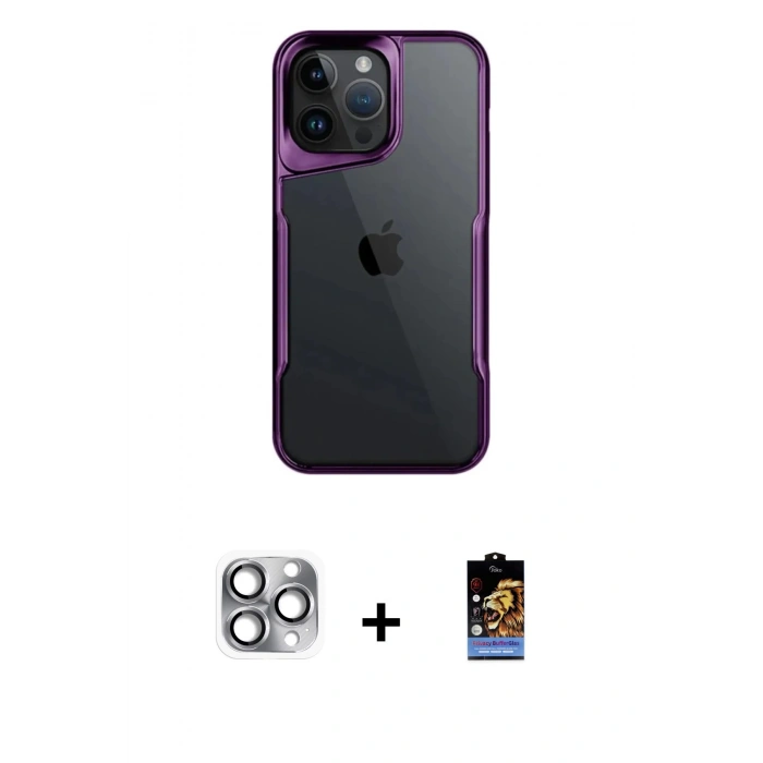 MARSİLYAN™- iPhone 16 Pro Max Kılıf Akış Çizgi Koleksiyonu - Siyah Buffer Hayalet Cam Ekran Koruyucu + Gri Pers Alüminyum Kamera Lens