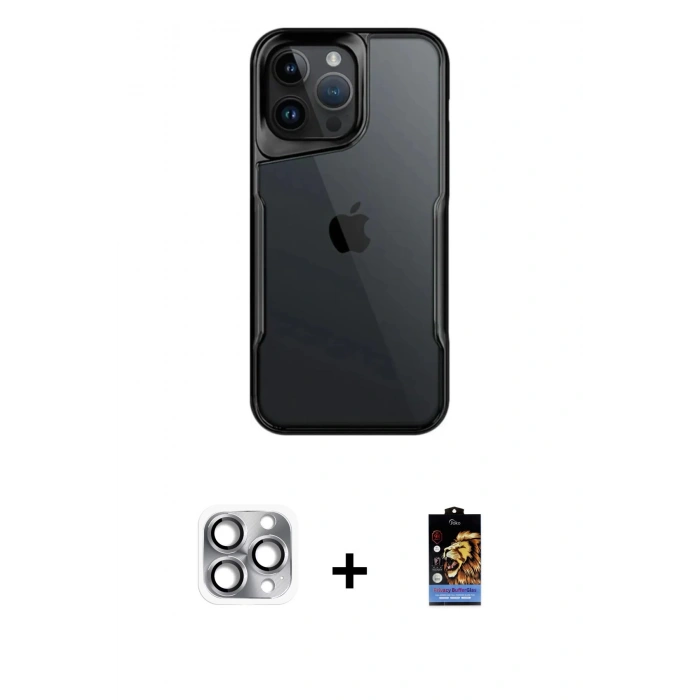 MARSİLYAN™- iPhone 16 Pro Max Kılıf Akış Çizgi Koleksiyonu - Siyah Buffer Hayalet Cam Ekran Koruyucu + Gri Pers Alüminyum Kamera Lens
