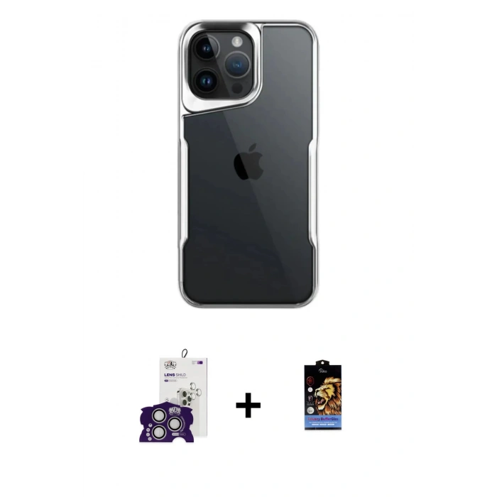 MARSİLYAN™- iPhone 16 Pro Max Kılıf Akış Çizgi Koleksiyonu - Siyah Buffer Hayalet Cam Ekran Koruyucu + Gümüş Bilvis Titan Kamera Lens