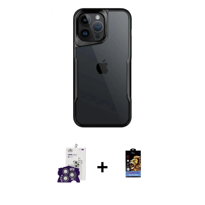 MARSİLYAN™- iPhone 16 Pro Max Kılıf Akış Çizgi Koleksiyonu - Siyah Buffer Hayalet Cam Ekran Koruyucu + Gümüş Bilvis Titan Kamera Lens