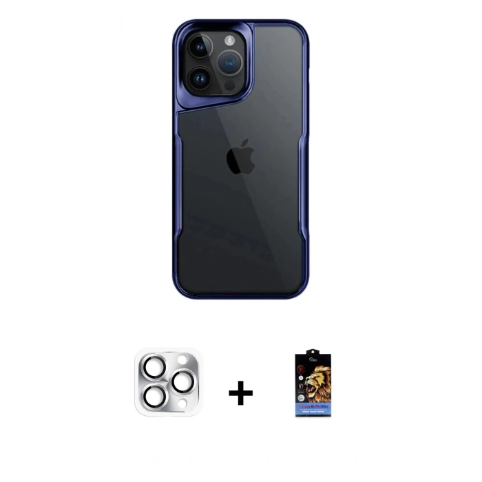 MARSİLYAN™- iPhone 16 Pro Max Kılıf Akış Çizgi Koleksiyonu - Siyah Buffer Hayalet Cam Ekran Koruyucu + Pers Alüminyum Kamera Lens - GS