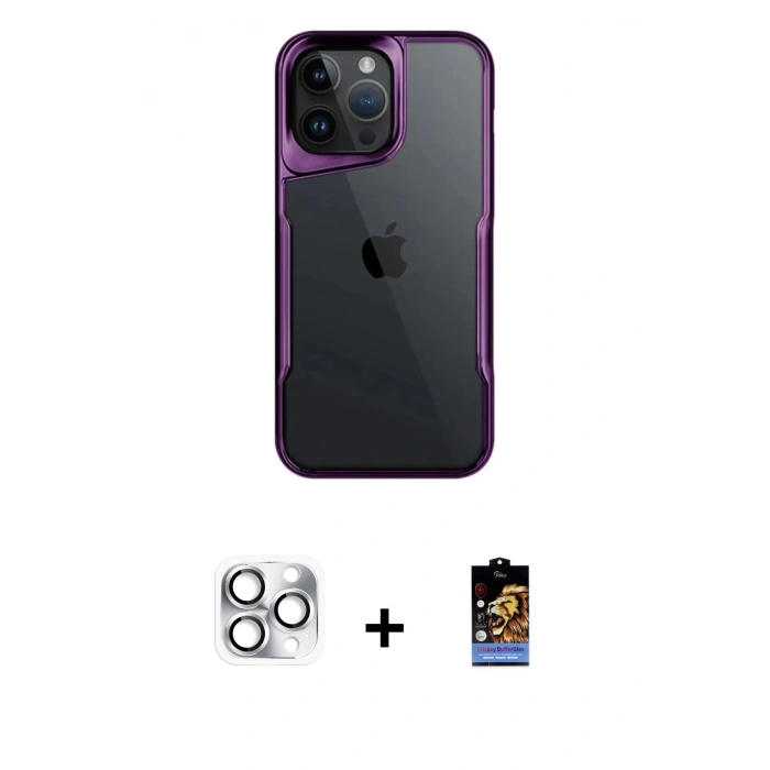 MARSİLYAN™- iPhone 16 Pro Max Kılıf Akış Çizgi Koleksiyonu - Siyah Buffer Hayalet Cam Ekran Koruyucu + Pers Alüminyum Kamera Lens - GS