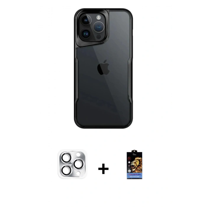MARSİLYAN™- iPhone 16 Pro Max Kılıf Akış Çizgi Koleksiyonu - Siyah Buffer Hayalet Cam Ekran Koruyucu + Pers Alüminyum Kamera Lens - GS