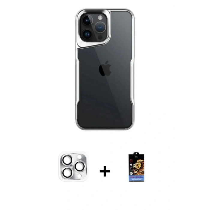 MARSİLYAN™- iPhone 16 Pro Max Kılıf Akış Çizgi Koleksiyonu - Siyah Buffer Hayalet Cam Ekran Koruyucu + Pers Alüminyum Kamera Lens - GS
