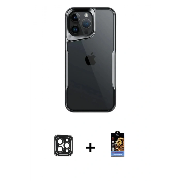 MARSİLYAN™- iPhone 16 Pro Max Kılıf Akış Çizgi Koleksiyonu - Siyah Buffer Hayalet Cam Ekran Koruyucu + PVD Metal Kamera Lens - SH