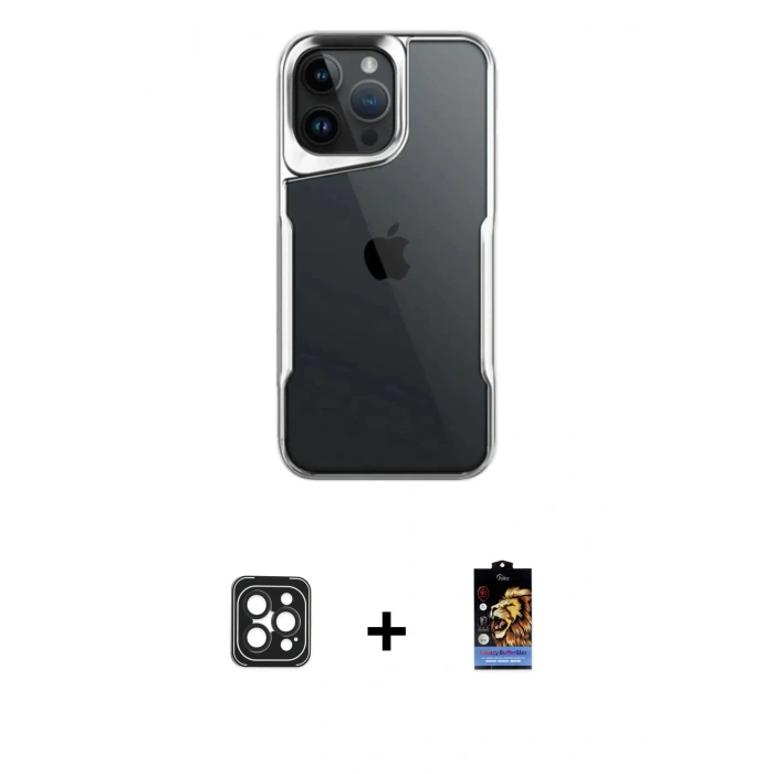 MARSİLYAN™- iPhone 16 Pro Max Kılıf Akış Çizgi Koleksiyonu - Siyah Buffer Hayalet Cam Ekran Koruyucu + PVD Metal Kamera Lens - SH