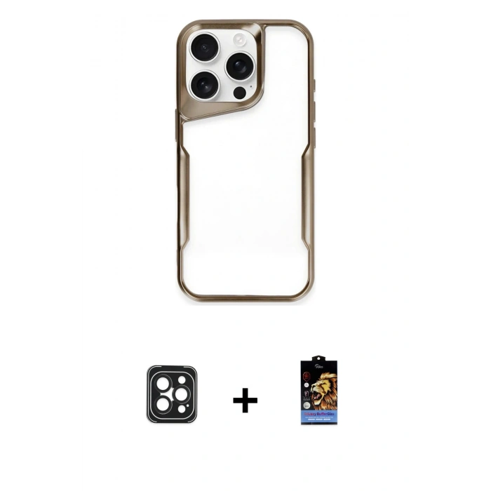 MARSİLYAN™- iPhone 16 Pro Max Kılıf Akış Çizgi Koleksiyonu - Siyah Buffer Hayalet Cam Ekran Koruyucu + PVD Metal Kamera Lens - SH
