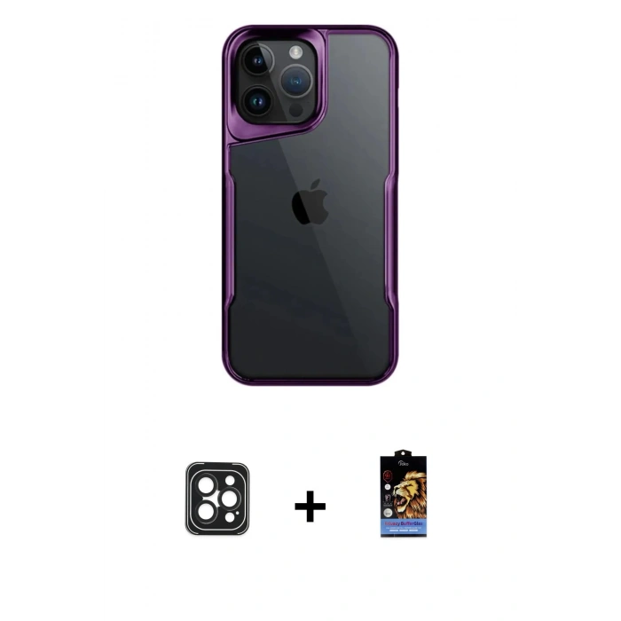 MARSİLYAN™- iPhone 16 Pro Max Kılıf Akış Çizgi Koleksiyonu - Siyah Buffer Hayalet Cam Ekran Koruyucu + PVD Metal Kamera Lens - SH