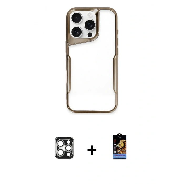 MARSİLYAN™- iPhone 16 Pro Max Kılıf Akış Çizgi Koleksiyonu - Siyah Buffer Hayalet Cam Ekran Koruyucu + PVD Metal Kamera Lens - GS