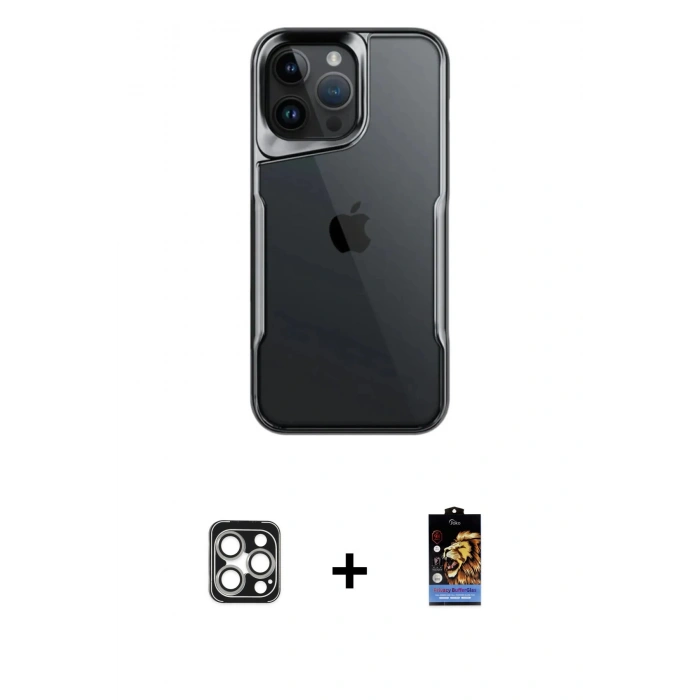MARSİLYAN™- iPhone 16 Pro Max Kılıf Akış Çizgi Koleksiyonu - Siyah Buffer Hayalet Cam Ekran Koruyucu + PVD Metal Kamera Lens - GS