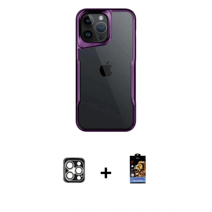 MARSİLYAN™- iPhone 16 Pro Max Kılıf Akış Çizgi Koleksiyonu - Siyah Buffer Hayalet Cam Ekran Koruyucu + PVD Metal Kamera Lens - GS