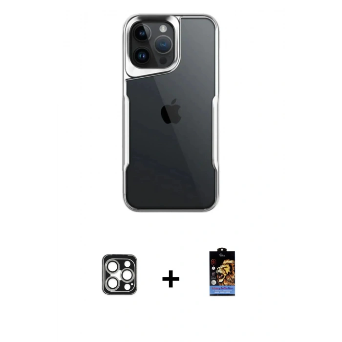 MARSİLYAN™- iPhone 16 Pro Max Kılıf Akış Çizgi Koleksiyonu - Siyah Buffer Hayalet Cam Ekran Koruyucu + PVD Metal Kamera Lens - GS