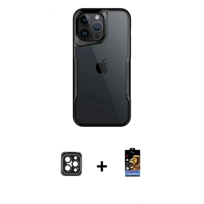 MARSİLYAN™- iPhone 16 Pro Max Kılıf Akış Çizgi Koleksiyonu - Siyah Buffer Hayalet Cam Ekran Koruyucu + PVD Metal Kamera Lens - SH