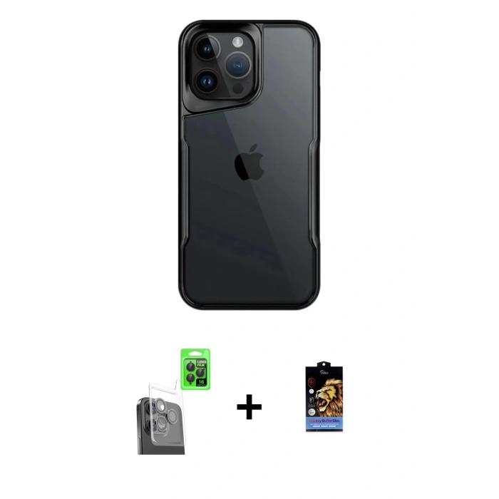 MARSİLYAN™- iPhone 16 Pro Max Kılıf Akış Çizgi Koleksiyonu - Siyah Buffer Hayalet Cam Ekran Koruyucu + Raze Metal Kamera Lens - SH