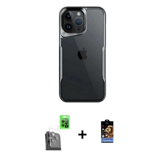 MARSİLYAN™- iPhone 16 Pro Max Kılıf Akış Çizgi Koleksiyonu - Siyah Buffer Hayalet Cam Ekran Koruyucu + Raze Metal Kamera Lens - SH