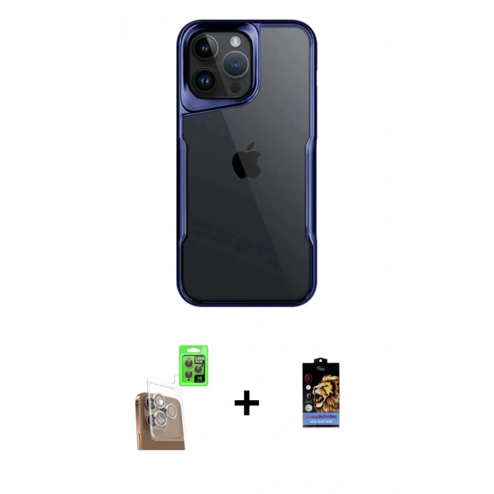 MARSİLYAN™- iPhone 16 Pro Max Kılıf Akış Çizgi Koleksiyonu - Siyah Buffer Hayalet Cam Ekran Koruyucu + Raze Metal Kamera Lens - CLTM
