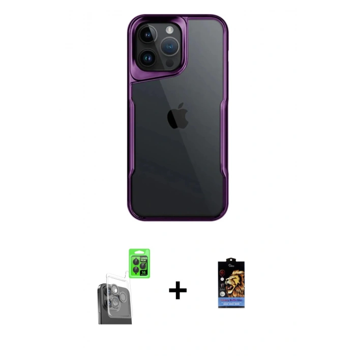 MARSİLYAN™- iPhone 16 Pro Max Kılıf Akış Çizgi Koleksiyonu - Siyah Buffer Hayalet Cam Ekran Koruyucu + Raze Metal Kamera Lens - SH