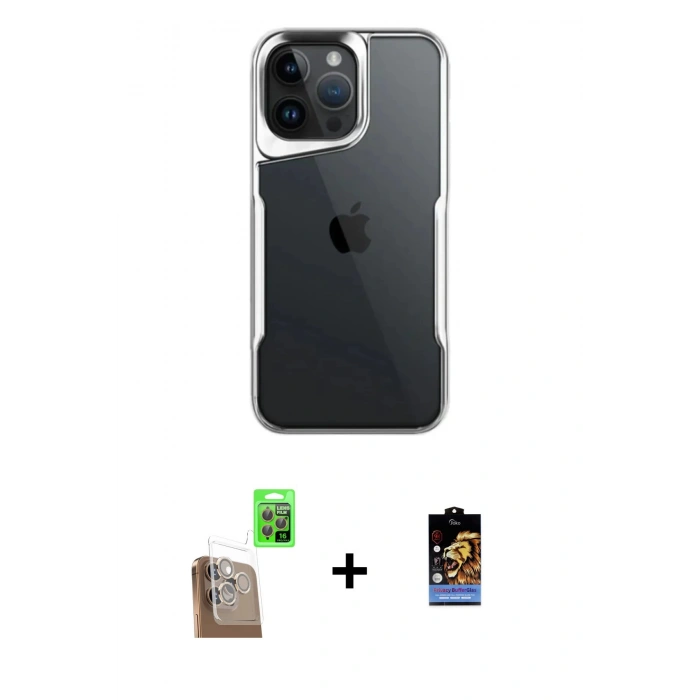 MARSİLYAN™- iPhone 16 Pro Max Kılıf Akış Çizgi Koleksiyonu - Siyah Buffer Hayalet Cam Ekran Koruyucu + Raze Metal Kamera Lens - CLTM