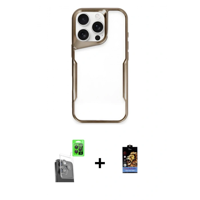 MARSİLYAN™- iPhone 16 Pro Max Kılıf Akış Çizgi Koleksiyonu - Siyah Buffer Hayalet Cam Ekran Koruyucu + Raze Metal Kamera Lens - SH