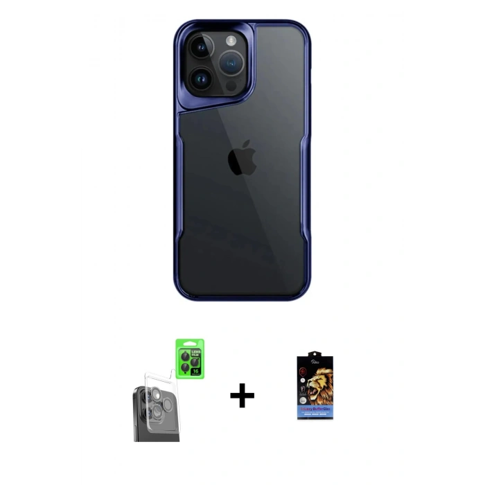 MARSİLYAN™- iPhone 16 Pro Max Kılıf Akış Çizgi Koleksiyonu - Siyah Buffer Hayalet Cam Ekran Koruyucu + Raze Metal Kamera Lens - SH