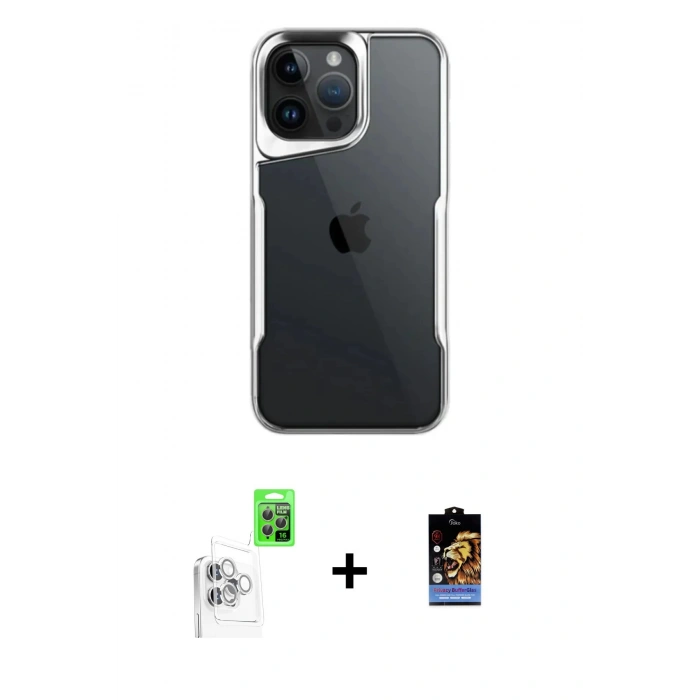 MARSİLYAN™- iPhone 16 Pro Max Kılıf Akış Çizgi Koleksiyonu - Siyah Buffer Hayalet Cam Ekran Koruyucu + Raze Metal Kamera Lens - BZ