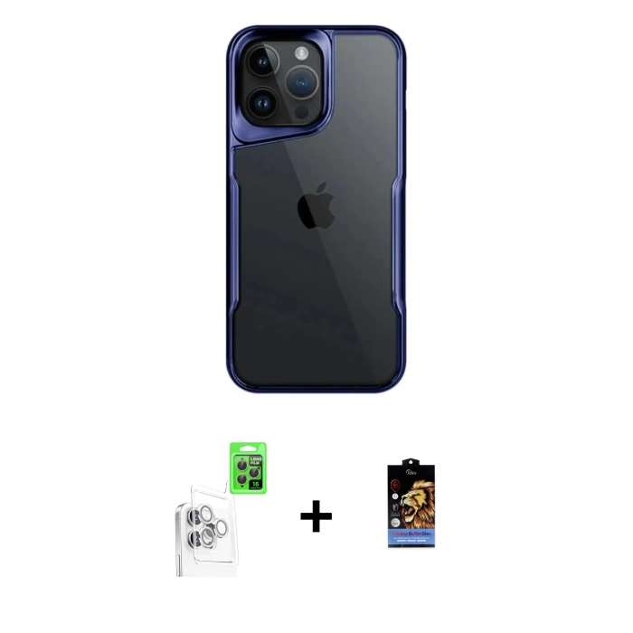 MARSİLYAN™- iPhone 16 Pro Max Kılıf Akış Çizgi Koleksiyonu - Siyah Buffer Hayalet Cam Ekran Koruyucu + Raze Metal Kamera Lens - BZ