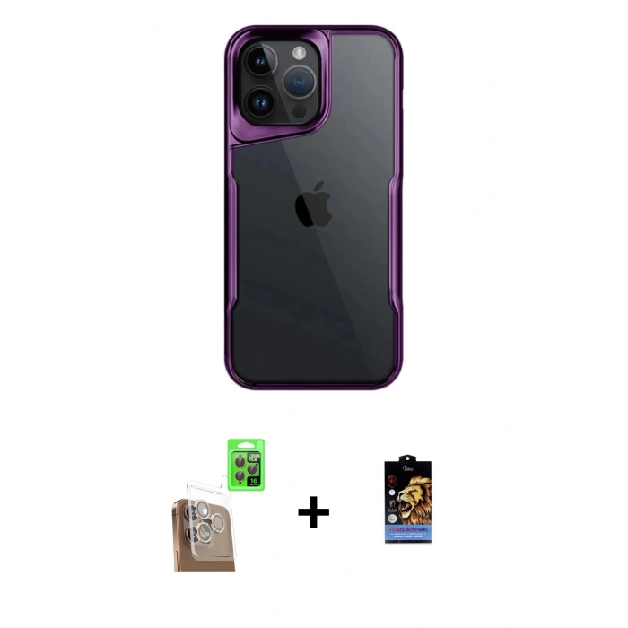 MARSİLYAN™- iPhone 16 Pro Max Kılıf Akış Çizgi Koleksiyonu - Siyah Buffer Hayalet Cam Ekran Koruyucu + Raze Metal Kamera Lens - CLTM