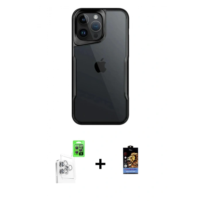 MARSİLYAN™- iPhone 16 Pro Max Kılıf Akış Çizgi Koleksiyonu - Siyah Buffer Hayalet Cam Ekran Koruyucu + Raze Metal Kamera Lens - BZ
