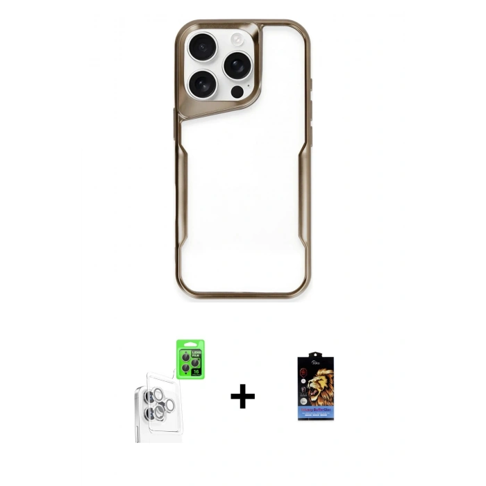 MARSİLYAN™- iPhone 16 Pro Max Kılıf Akış Çizgi Koleksiyonu - Siyah Buffer Hayalet Cam Ekran Koruyucu + Raze Metal Kamera Lens - BZ