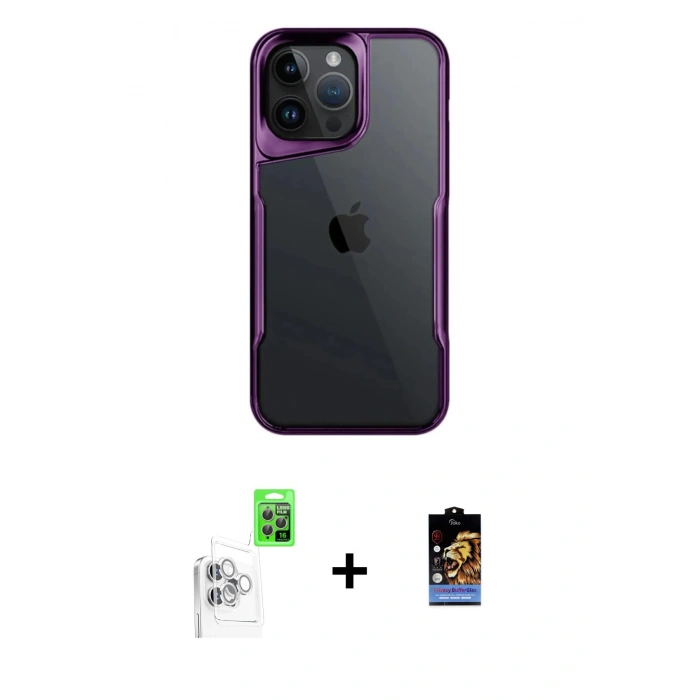 MARSİLYAN™- iPhone 16 Pro Max Kılıf Akış Çizgi Koleksiyonu - Siyah Buffer Hayalet Cam Ekran Koruyucu + Raze Metal Kamera Lens - BZ