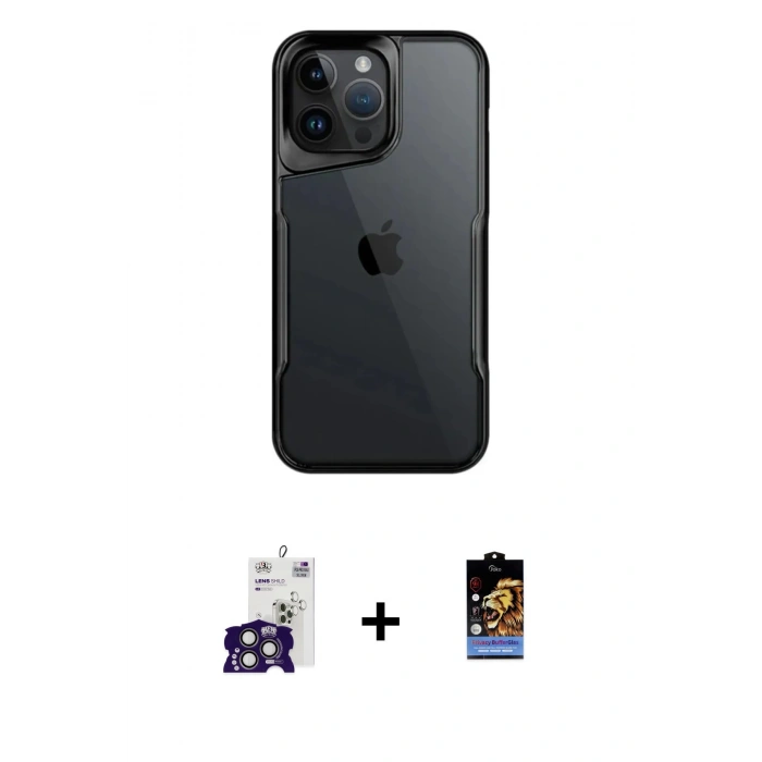 MARSİLYAN™- iPhone 16 Pro Max Kılıf Akış Çizgi Koleksiyonu - Siyah Buffer Hayalet Cam Ekran Koruyucu + Bilvis Titan Kamera Lens - TMGI