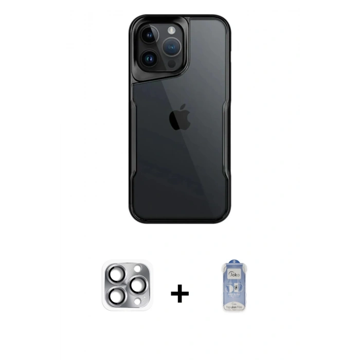 MARSİLYAN™- iPhone 16 Pro Max Kılıf Akış Çizgi Koleksiyonu - Siyah Joko Magic 5D Cam + Pers Alüminyum Kamera Lens - GI