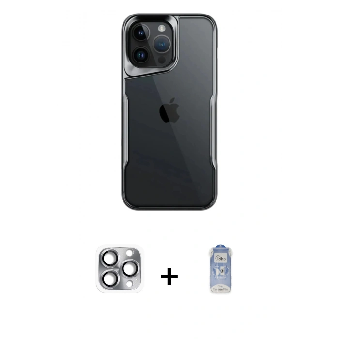 MARSİLYAN™- iPhone 16 Pro Max Kılıf Akış Çizgi Koleksiyonu - Siyah Joko Magic 5D Cam + Pers Alüminyum Kamera Lens - GI