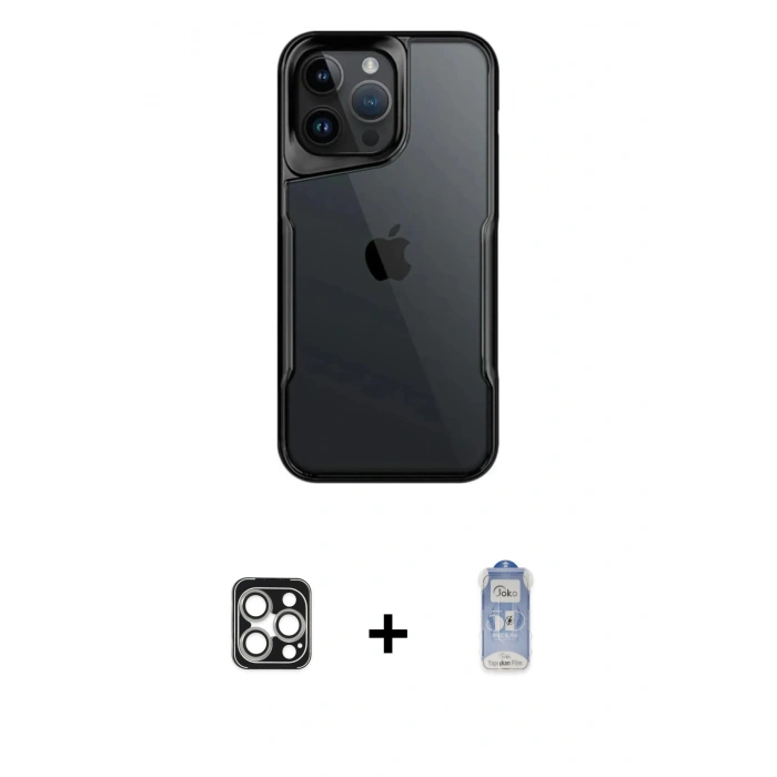 MARSİLYAN™- iPhone 16 Pro Max Kılıf Akış Çizgi Koleksiyonu - Siyah Joko Magic 5D Cam + PVD Metal Kamera Lens - GS