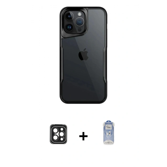 MARSİLYAN™- iPhone 16 Pro Max Kılıf Akış Çizgi Koleksiyonu - Siyah Joko Magic 5D Cam + PVD Metal Kamera Lens - SH