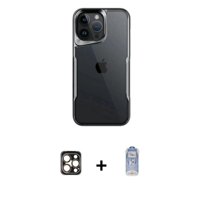MARSİLYAN™- iPhone 16 Pro Max Kılıf Akış Çizgi Koleksiyonu - Siyah Joko Magic 5D Cam + PVD Metal Kamera Lens - GD