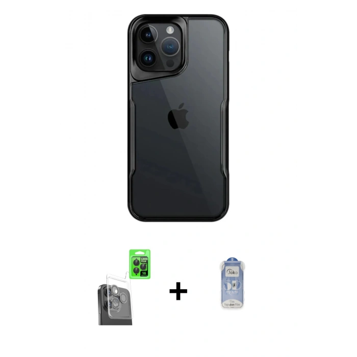 MARSİLYAN™- iPhone 16 Pro Max Kılıf Akış Çizgi Koleksiyonu - Siyah Joko Magic 5D Cam + Raze Metal Kamera Lens - SH