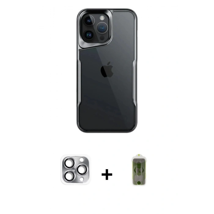 MARSİLYAN™- iPhone 16 Pro Max Kılıf Akış Çizgi Koleksiyonu - Siyah Joko Magic 5D Hayalet Cam + Pers Alüminyum Kamera Lens - GI