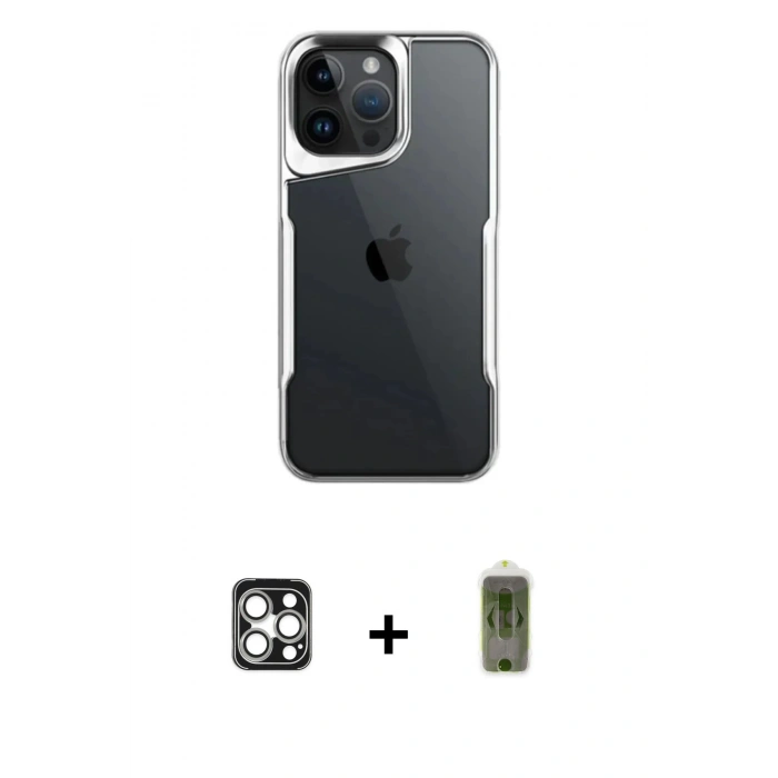 MARSİLYAN™- iPhone 16 Pro Max Kılıf Akış Çizgi Koleksiyonu - Siyah Joko Magic 5D Hayalet Cam + Gümüş PVD Metal Kamera Lens