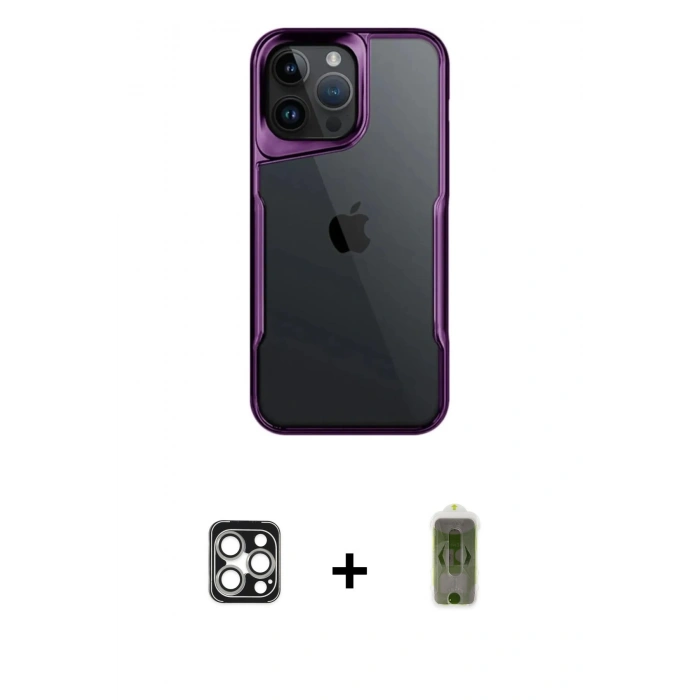 MARSİLYAN™- iPhone 16 Pro Max Kılıf Akış Çizgi Koleksiyonu - Siyah Joko Magic 5D Hayalet Cam + Gümüş PVD Metal Kamera Lens