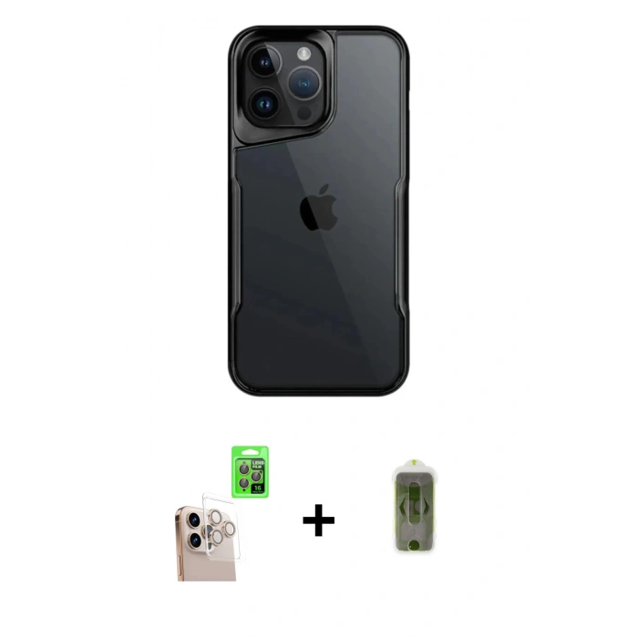 MARSİLYAN™- iPhone 16 Pro Max Kılıf Akış Çizgi Koleksiyonu - Siyah Joko Magic 5D Hayalet Cam + Raze Metal Kamera Lens - NLGY