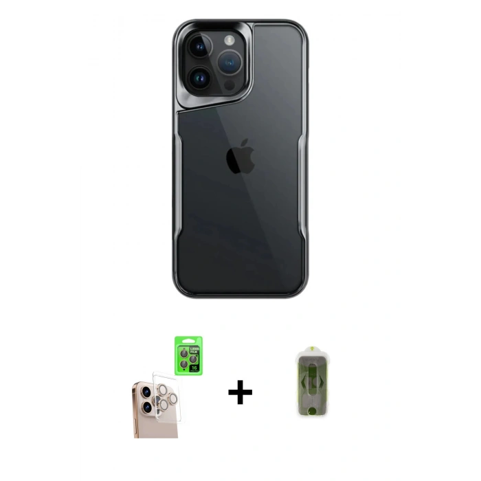 MARSİLYAN™- iPhone 16 Pro Max Kılıf Akış Çizgi Koleksiyonu - Siyah Joko Magic 5D Hayalet Cam + Raze Metal Kamera Lens - NLGY