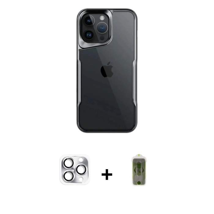 MARSİLYAN™- iPhone 16 Pro Max Kılıf Akış Çizgi Koleksiyonu - Siyah Joko Magic 5D Hayalet Cam + Pers Alüminyum Kamera Lens - GS