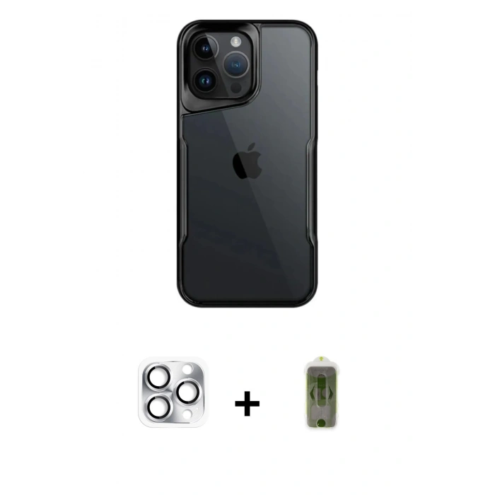 MARSİLYAN™- iPhone 16 Pro Max Kılıf Akış Çizgi Koleksiyonu - Siyah Joko Magic 5D Hayalet Cam + Pers Alüminyum Kamera Lens - GS