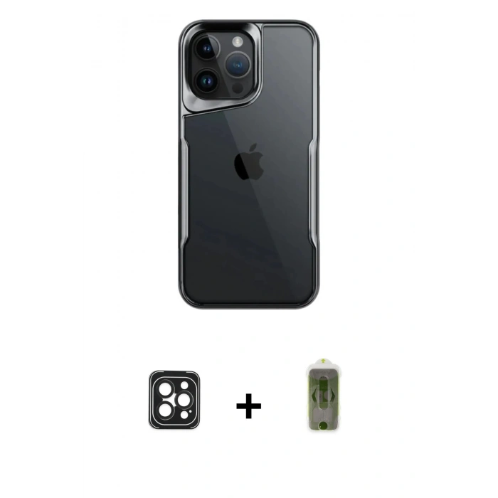 MARSİLYAN™- iPhone 16 Pro Max Kılıf Akış Çizgi Koleksiyonu - Siyah Joko Magic 5D Hayalet Cam + PVD Metal Kamera Lens - SH