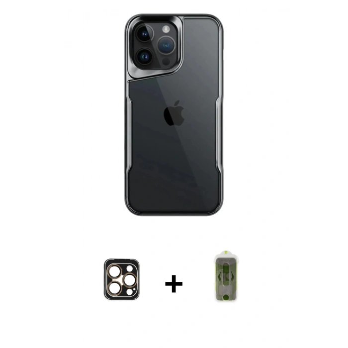 MARSİLYAN™- iPhone 16 Pro Max Kılıf Akış Çizgi Koleksiyonu - Siyah Joko Magic 5D Hayalet Cam + PVD Metal Kamera Lens - GD