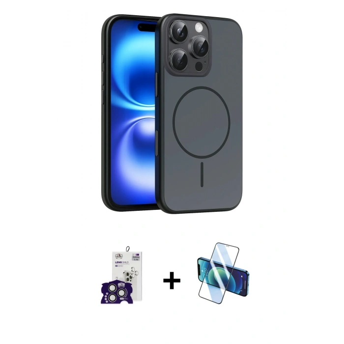 MARSİLYAN™- iPhone 16 Pro Max Kılıf Atlas Asil Prime - Siyah 3D Antistatik Cam Ekran Koruyucu + Bilvis Titan Kamera Lens - TMGI