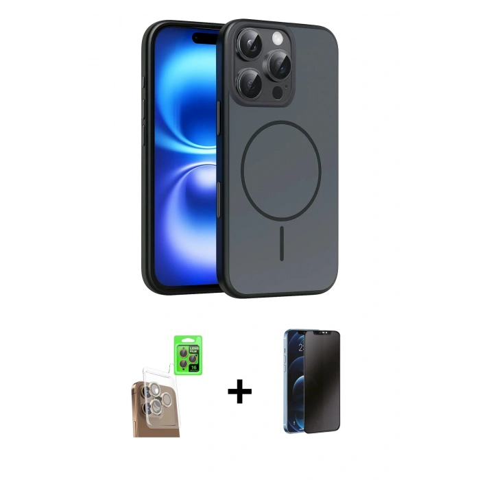 MARSİLYAN™- iPhone 16 Pro Max Kılıf Atlas Asil Prime - Siyah 3D Antistatik Hayalet Cam Ekran Koruyucu + Raze Metal Kamera Lens - CLTM